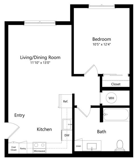Floor plan for 1 bed, 1 bath, 586 sqft